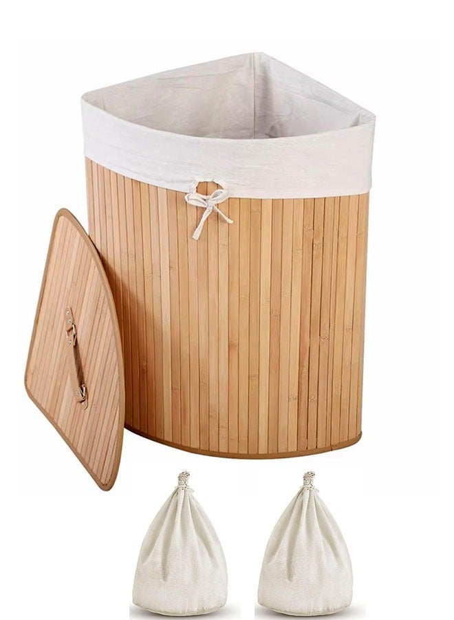 Arabest Bamboo Laundry Hamper with Lid, Corner Laundry Hamper with 2 Removable Liner& Handle, Washing Clothes Basket Storage Bin for Laundry Room, Bedroom,Bathroom(36cmx60cm)  - Image 1