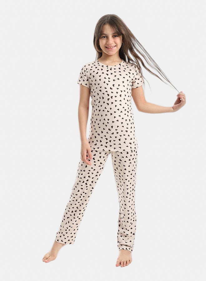 Andora Heart Shaped Sekf Patterened Half Sleeves T-Shirt And Pants Pijama Set _Beige & Brown - Image 1