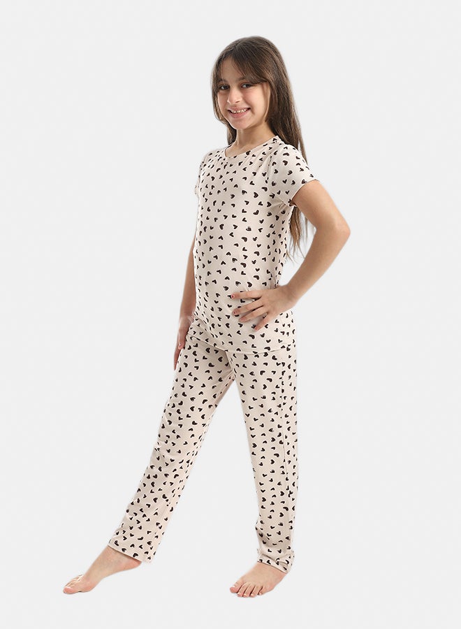 Andora Heart Shaped Sekf Patterened Half Sleeves T-Shirt And Pants Pijama Set _Beige & Brown - Image 3
