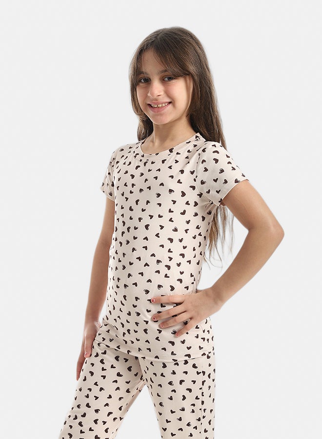 Andora Heart Shaped Sekf Patterened Half Sleeves T-Shirt And Pants Pijama Set _Beige & Brown - Image 4