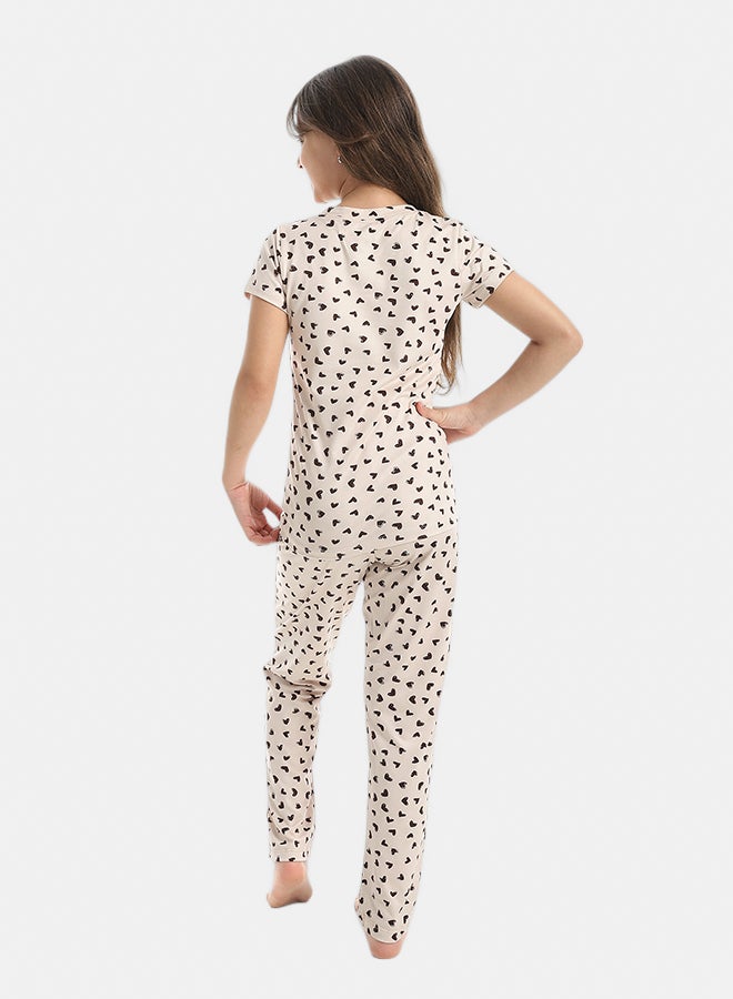 Andora Heart Shaped Sekf Patterened Half Sleeves T-Shirt And Pants Pijama Set _Beige & Brown - Image 5