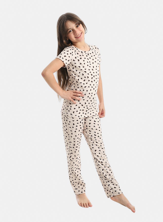 Andora Heart Shaped Sekf Patterened Half Sleeves T-Shirt And Pants Pijama Set _Beige & Brown - Image 2