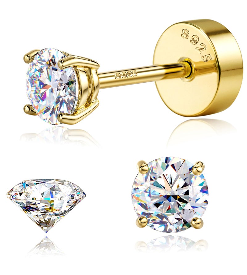 GEMQUEEN Moissanite Earrings Studs : D Color VVS1 Hypoallergenic 14K Gold Plated Flat Back 925 Sterling Silver Earring for Women Men Cartilage Helix Conch Piercing Jewelry Brilliant Round Cut 5mm - Image 1