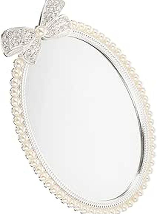 Silver Metal Makeup Mirror 7 Inch with Pearl Bow Retro Vanity Table Decor - Image 1