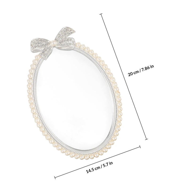 Silver Metal Makeup Mirror 7 Inch with Pearl Bow Retro Vanity Table Decor - Image 3