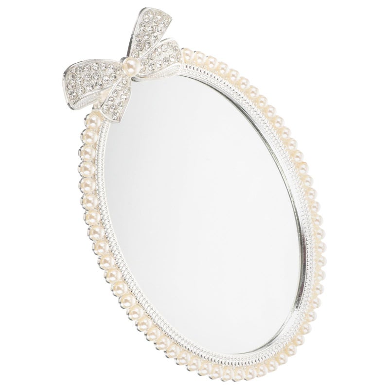 Silver Metal Makeup Mirror 7 Inch with Pearl Bow Retro Vanity Table Decor - Image 2