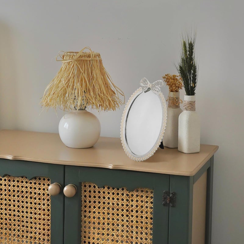 Silver Metal Makeup Mirror 7 Inch with Pearl Bow Retro Vanity Table Decor - Image 4