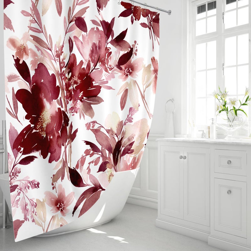MAYZUS Burgundy Red Floral Shower Curtain 60x72  Watercolor Flower Shower Curtain for Bathroom  Modern Abstract Ink Decorative Fabric Shower Curtain Set with Hooks - Image 1