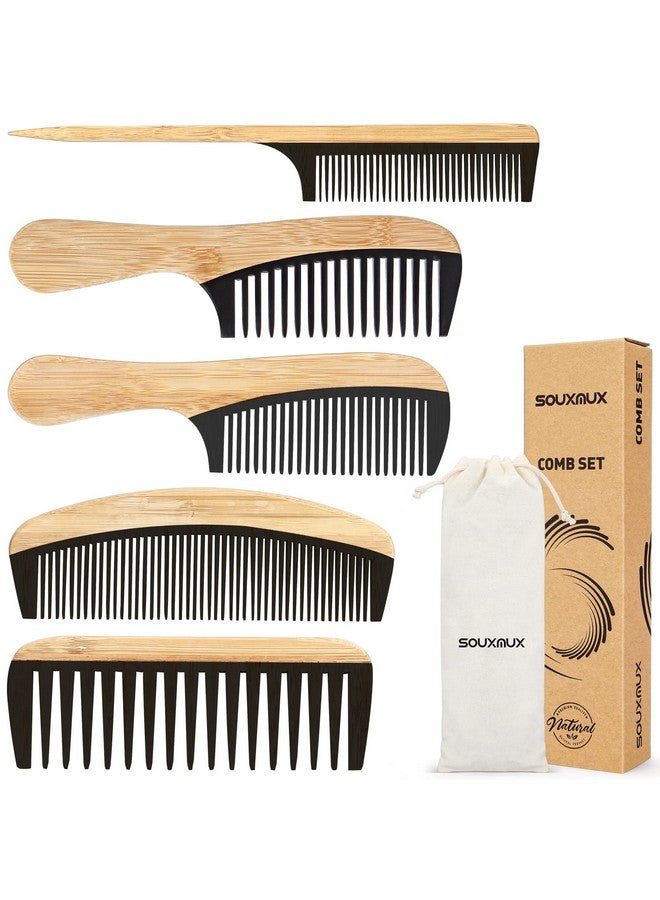 SouxMux 5 Pcs Comb Set For Women Men Natural Handmade Bamboo Antistatic Wide Tooth Comb Rat Tail Combs Fine Tooth Combs Set For Long Short Thick Thin Wavy Curly Hair Hairdetangling Comb… (Natural +Black) - Image 1