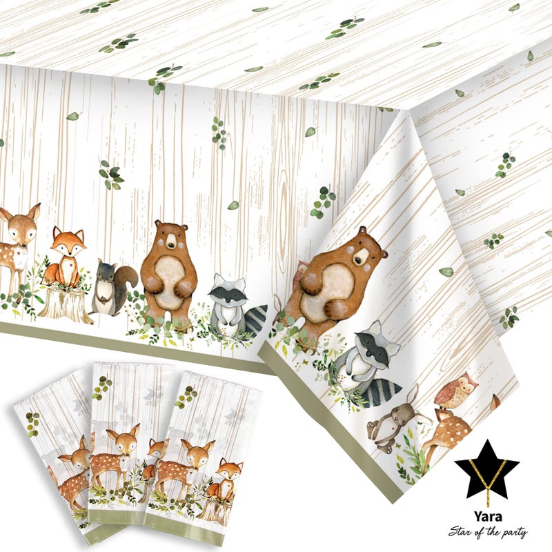 YARA Woodland Plastic Tablecloth For Baby Shower Decorations  Birthday Girl Boy Safari Enchanted Forest Animals Decor Neutral Gender Table Decoration Bear Fox Party Supplies Jungle Theme Creatures