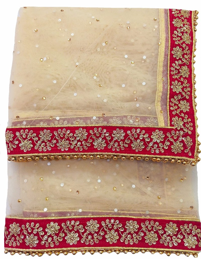 Navti Creations Women's Embroidered Net Dupatta (4-01_Beige, Golden, Red_Free Size) - Image 4