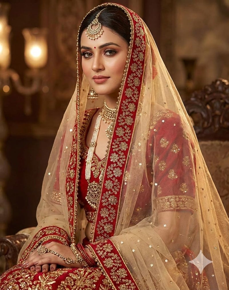 Navti Creations Women's Embroidered Net Dupatta (4-01_Beige, Golden, Red_Free Size) - Image 3