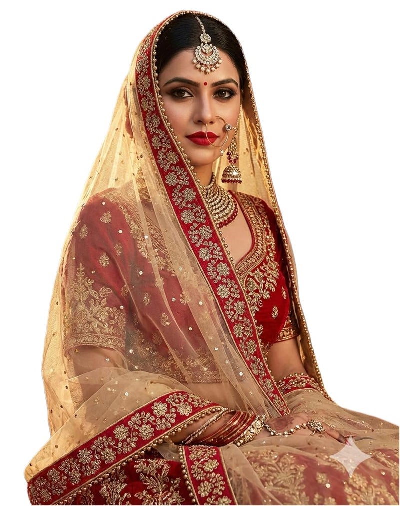 Navti Creations Women's Embroidered Net Dupatta (4-01_Beige, Golden, Red_Free Size) - Image 1