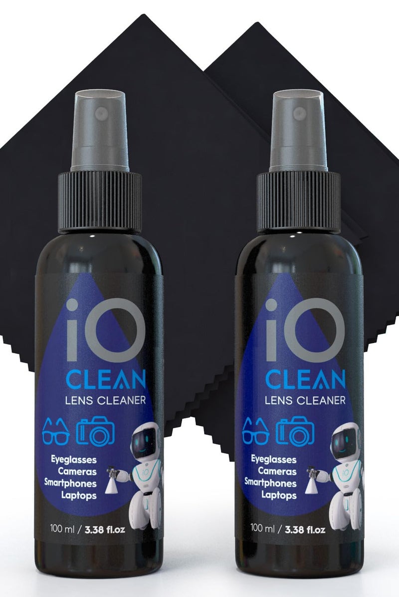 iO CLEAN Eyeglass Lens Cleaner (3.38oz+3.38oz+2cloths) – Kit for Glasses, Screens, Camera, Laptops, Touchscreens, Computer Monitors, Other Electronics – 2 Microfiber Cloths Inluded - Image 2