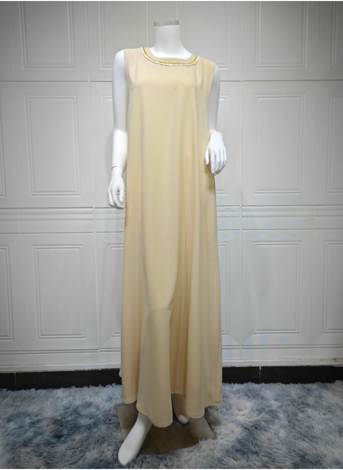 Loquat Ladies Embroidered Robe Long Dress Set Open Front Outer Robe+Inner Skirt+Belt Muslim Abaya Beige  - Image 4