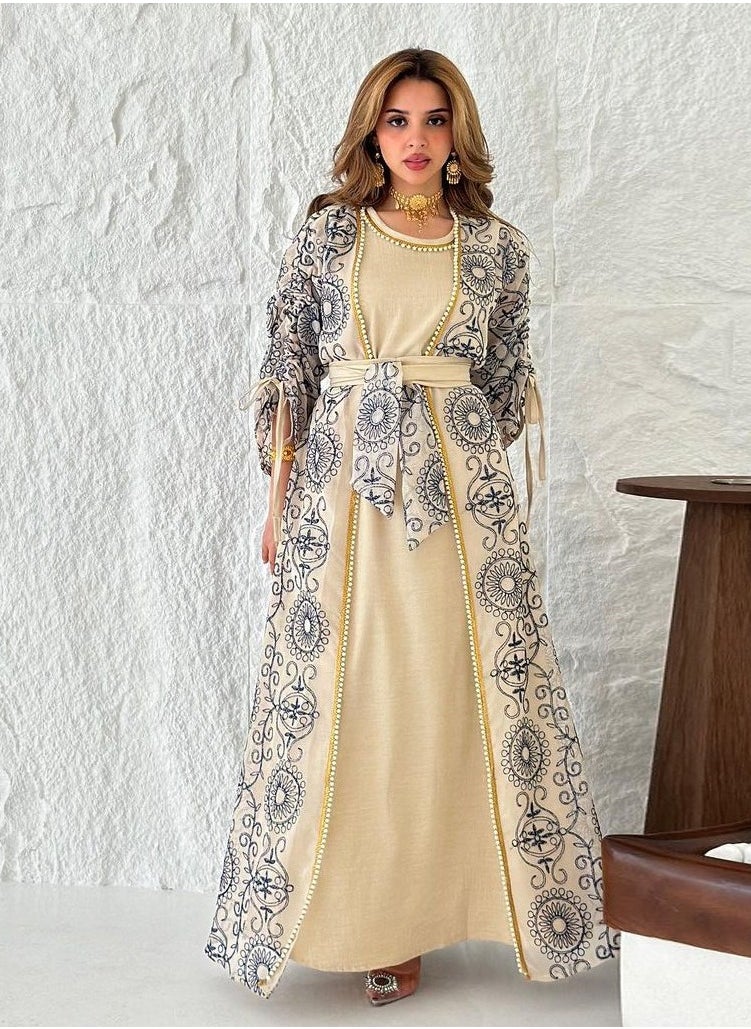 Loquat Ladies Embroidered Robe Long Dress Set Open Front Outer Robe+Inner Skirt+Belt Muslim Abaya Beige  - Image 1