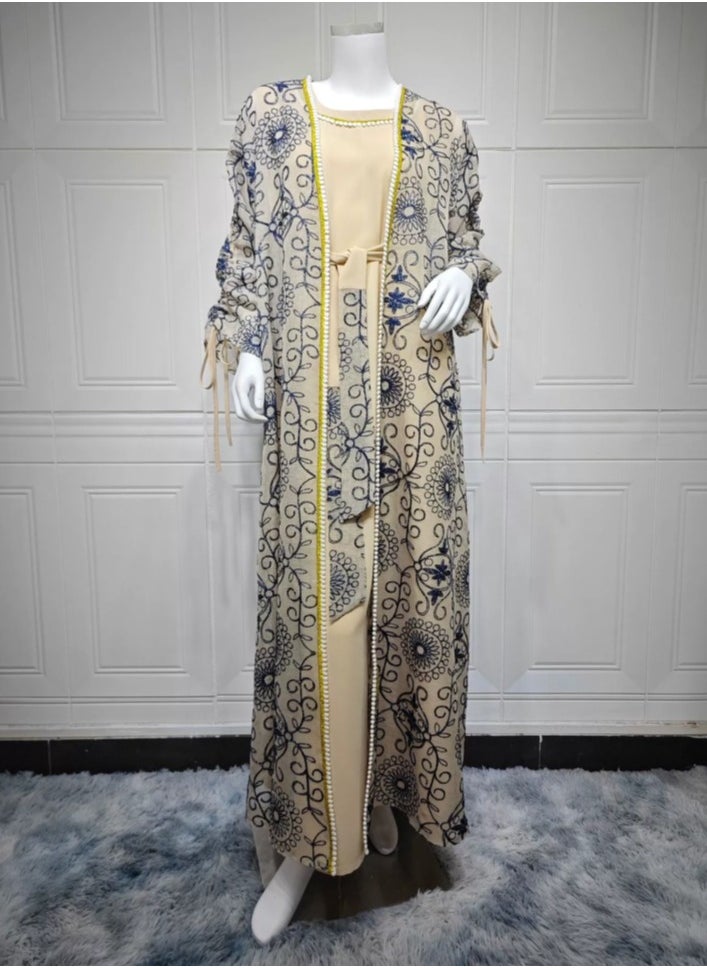 Loquat Ladies Embroidered Robe Long Dress Set Open Front Outer Robe+Inner Skirt+Belt Muslim Abaya Beige  - Image 2