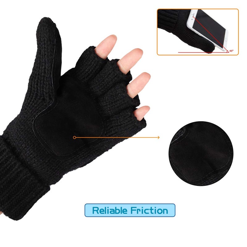 OMECHY Winter Knitted Fingerless Wool Gloves Thermal Insulation Warm Convertible Mittens Flap Cover for Men Women - Image 2