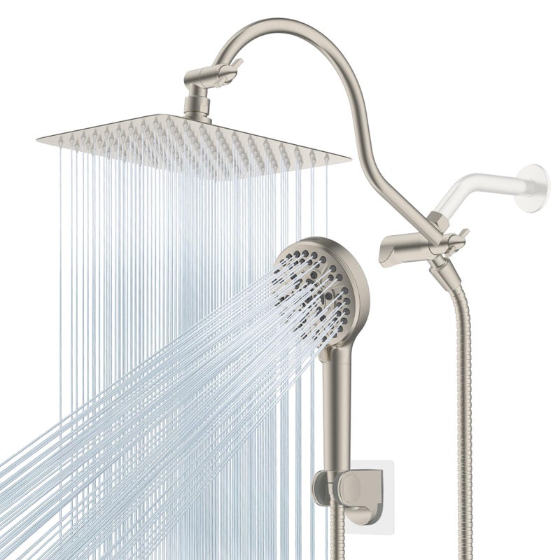 Hibbent All Metal Shower Head 10 High Pressure Rainfall Shower HeadHandheld Showerhead Combo 12 Adjustable Curved Shower Extension Arm 10Spray 71 Hose Showerhead Holder Brushed Nickel