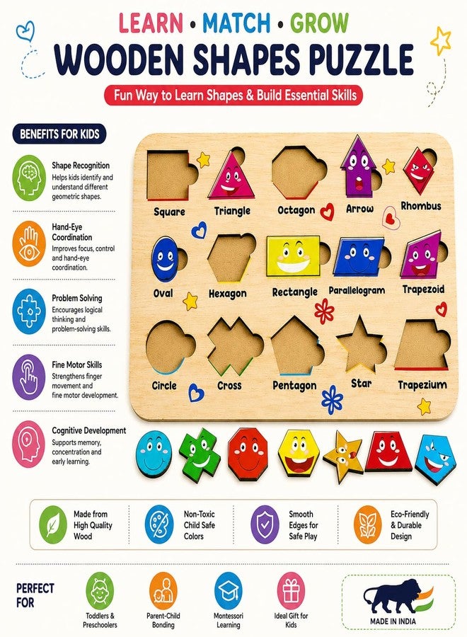 CUBIX3D Wooden Learning Puzzle Board for Kids | Educational Peg Puzzle Toy for Toddlers & Preschool Children | Alphabet, Shapes & Animal Learning Boards (Shape Puzzle) - Image 2