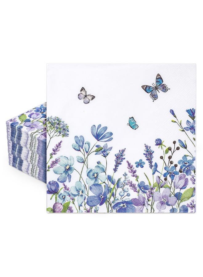FYSUIMU 80 Pcs Blue Floral Paper Napkins Watercolor Wildflower Butterfly Disposable Napkins Flower Blossom Luncheon Dinner Napkins for Spring Summer Party Table Supplies - Image 1