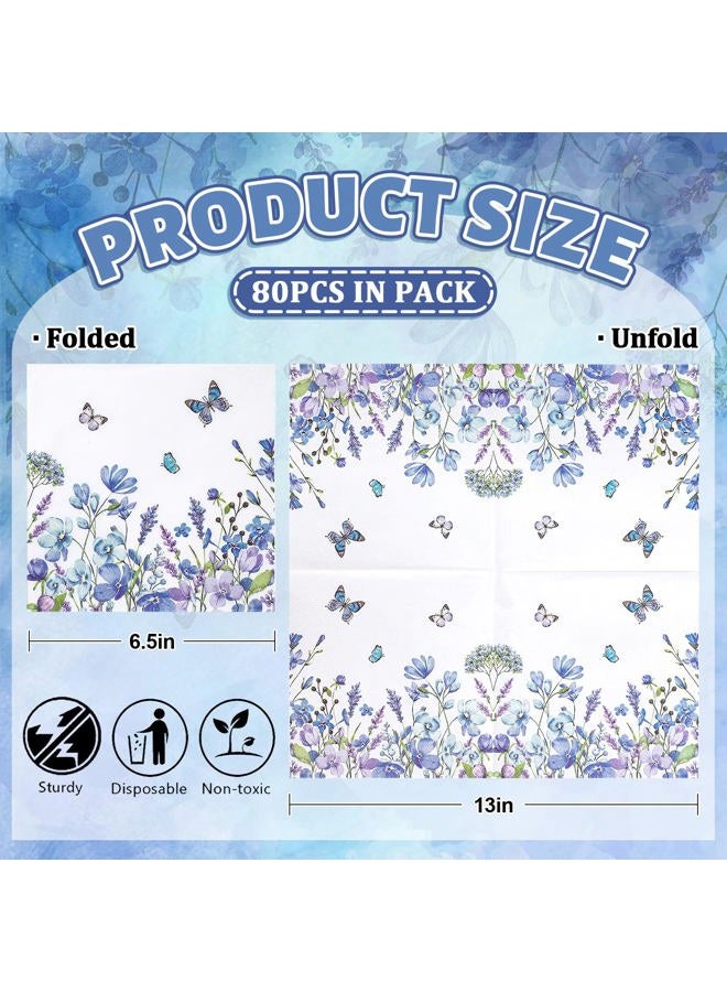 FYSUIMU 80 Pcs Blue Floral Paper Napkins Watercolor Wildflower Butterfly Disposable Napkins Flower Blossom Luncheon Dinner Napkins for Spring Summer Party Table Supplies - Image 2