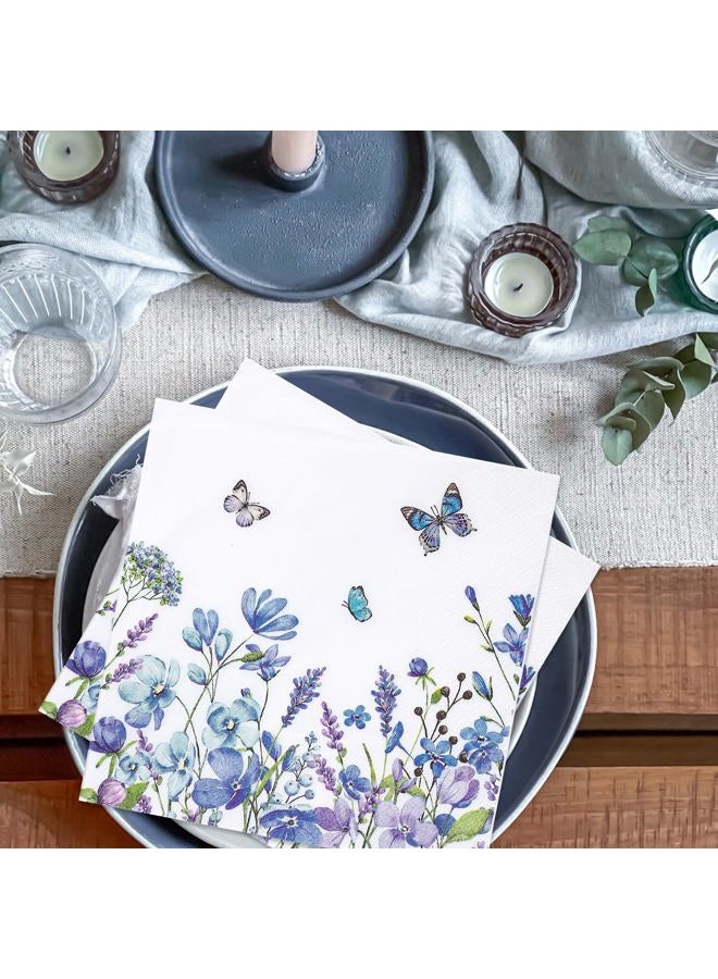 FYSUIMU 80 Pcs Blue Floral Paper Napkins Watercolor Wildflower Butterfly Disposable Napkins Flower Blossom Luncheon Dinner Napkins for Spring Summer Party Table Supplies - Image 4