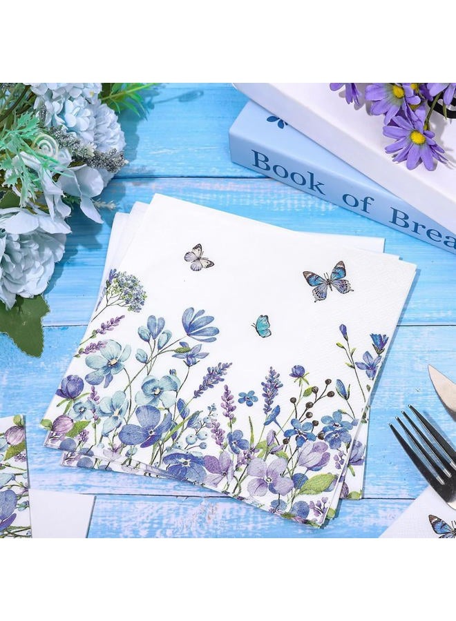 FYSUIMU 80 Pcs Blue Floral Paper Napkins Watercolor Wildflower Butterfly Disposable Napkins Flower Blossom Luncheon Dinner Napkins for Spring Summer Party Table Supplies - Image 3