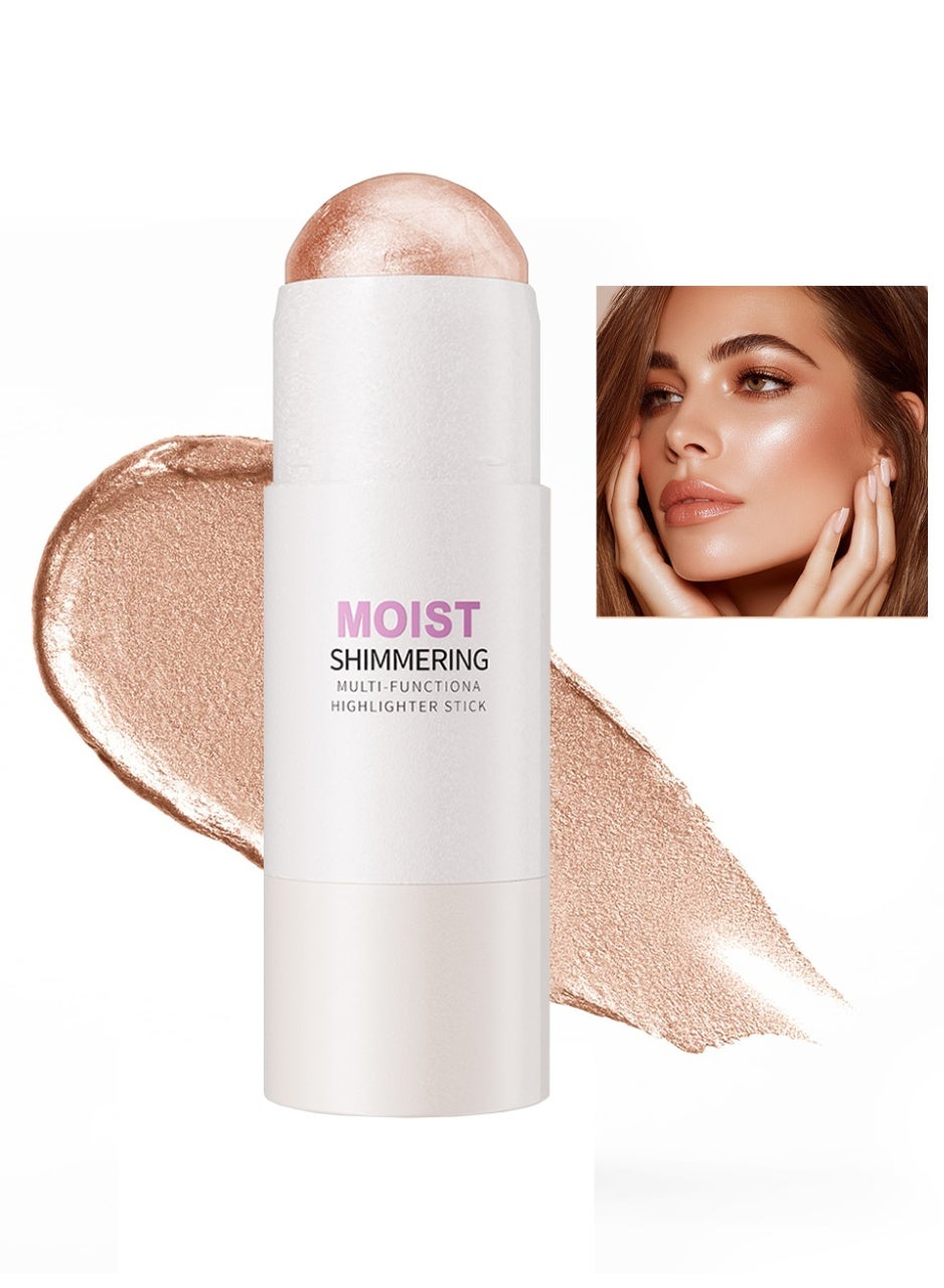 Moist Shimmering Multi-Functiona Highlighter Stick, Creamy Texture Long-Lasting Shimmer Glow Highlighter for Face Body Makeup 04# Glowy Sparkling Rose