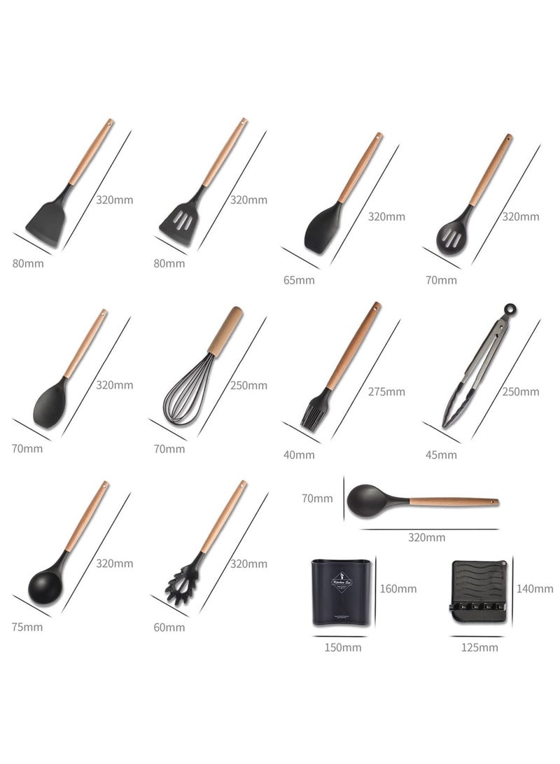 ELTRAZONE 13-Piece Silicone Cooking Utensil Set – Heat-Resistant Tools with Wooden Handles and Storage Bucket - Image 3