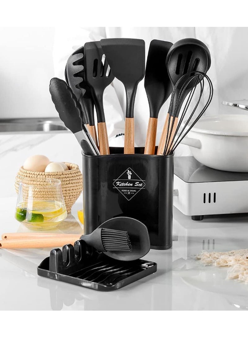 ELTRAZONE 13-Piece Silicone Cooking Utensil Set – Heat-Resistant Tools with Wooden Handles and Storage Bucket - Image 4