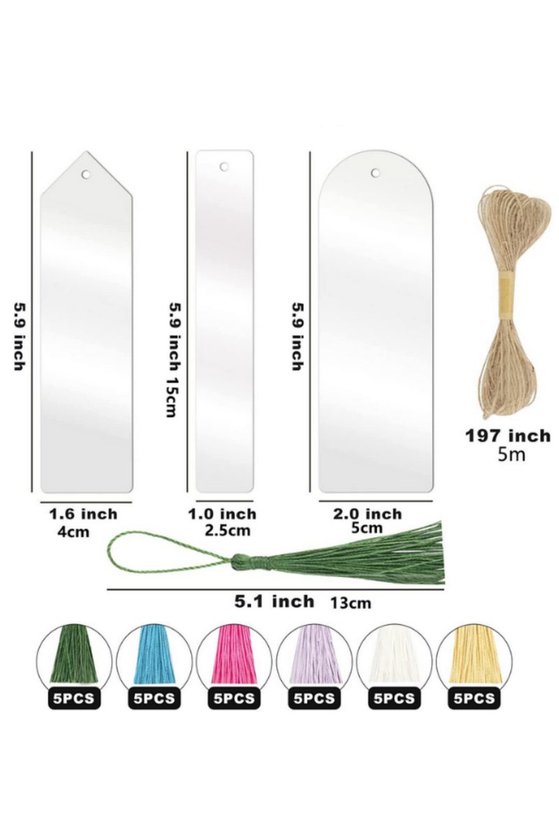 30PCS Acrylic Bookmarks Blanks for DIY Crafting Colorful Tassel Book Markers 3 Unique Shapes Transparent Blank Bookmarks for Kids Book Lovers Handmade Gift Tags and Present Decorations - Image 2