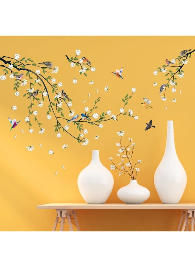 LiveGallery 4 Sheets Magnolia Branches Wall Decals White Flowers Wall Stickers DIY Removable Colorful Birds Wall Sticker Petals Falling Home Decoration for Girls Bedroom Living Room Kitchen Bathroom TV Background - Image 4
