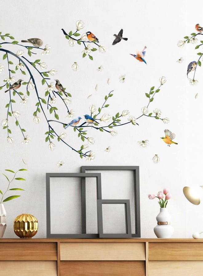LiveGallery 4 Sheets Magnolia Branches Wall Decals White Flowers Wall Stickers DIY Removable Colorful Birds Wall Sticker Petals Falling Home Decoration for Girls Bedroom Living Room Kitchen Bathroom TV Background - Image 1