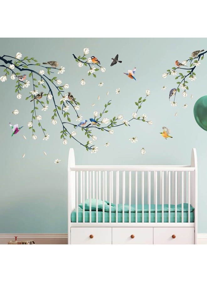 LiveGallery 4 Sheets Magnolia Branches Wall Decals White Flowers Wall Stickers DIY Removable Colorful Birds Wall Sticker Petals Falling Home Decoration for Girls Bedroom Living Room Kitchen Bathroom TV Background - Image 3
