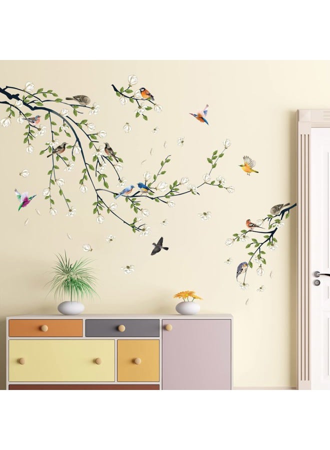 LiveGallery 4 Sheets Magnolia Branches Wall Decals White Flowers Wall Stickers DIY Removable Colorful Birds Wall Sticker Petals Falling Home Decoration for Girls Bedroom Living Room Kitchen Bathroom TV Background - Image 5