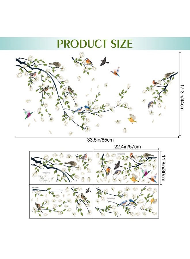 LiveGallery 4 Sheets Magnolia Branches Wall Decals White Flowers Wall Stickers DIY Removable Colorful Birds Wall Sticker Petals Falling Home Decoration for Girls Bedroom Living Room Kitchen Bathroom TV Background - Image 2