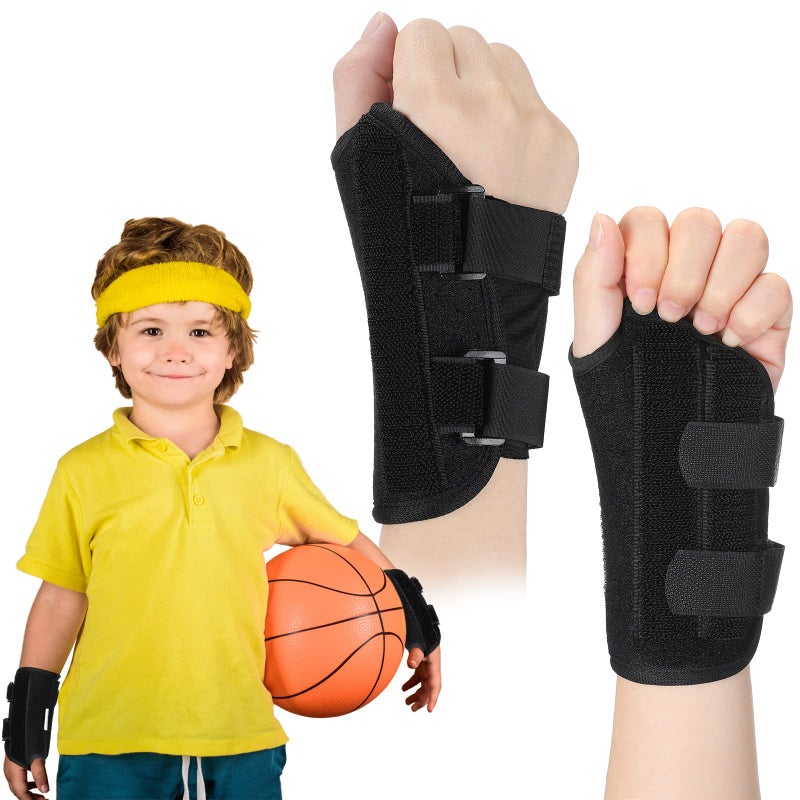 2 Pcs Wrist Brace for Kids Youth Carpal Tunnel Black Splints Wrist Brace Night Support with Adjustable Compression Straps for Children Sports Sleep Age 38