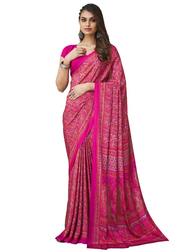 Satrani Women's Printed Crepe & Silk Saree with Unstitched Blouse Piece (2854S2412N_Pink3) - Image 1