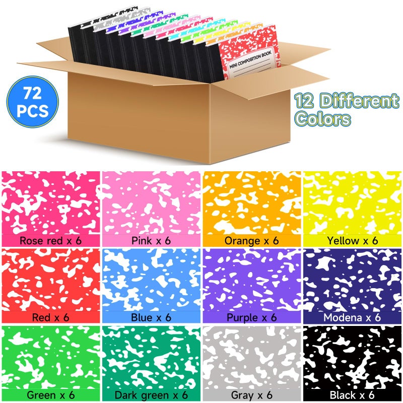 UZLU 72 Pack Mini Composition Notebooks Bulk College Ruled Half Composition Notebook Narrow Ruled Small Pocket Marble Journal 12 Color 4.5" x 3.25"-60 Sheets for Students Office School Supplies - Image 2