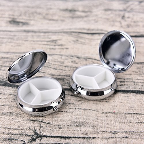 glasstore Pill Box Round Metal Pill Case Portable Mini Silver Medicine Drug Holder Container Organizer with 3 compartments for Travel Outdoor Use Pack of 2 - Image 2