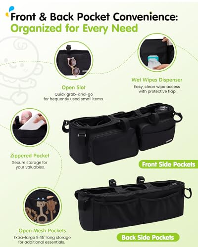 SEVORGINA Double Stroller Organizer with 11 Compartment for Bob Duallie Baby Jogger City Mini GT2 Double Jogging Stroller Caddy Jeep Zoe Stroller Accessories with 2 Insulated Pocket Parent Console - Image 3