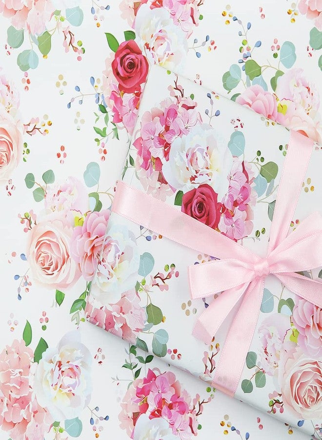 Boerni Wedding Wrapping Paper and Ribbon Set for Girls Women, 4 Folded Sheets Pretty Pink Red Rose Floral Bridal Shower Engagement Wedding Gift Wrap - Mother's Day Birthday Party Anniversary All Occasions - Image 1