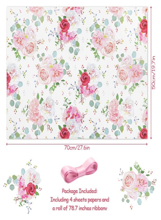 Boerni Wedding Wrapping Paper and Ribbon Set for Girls Women, 4 Folded Sheets Pretty Pink Red Rose Floral Bridal Shower Engagement Wedding Gift Wrap - Mother's Day Birthday Party Anniversary All Occasions - Image 2