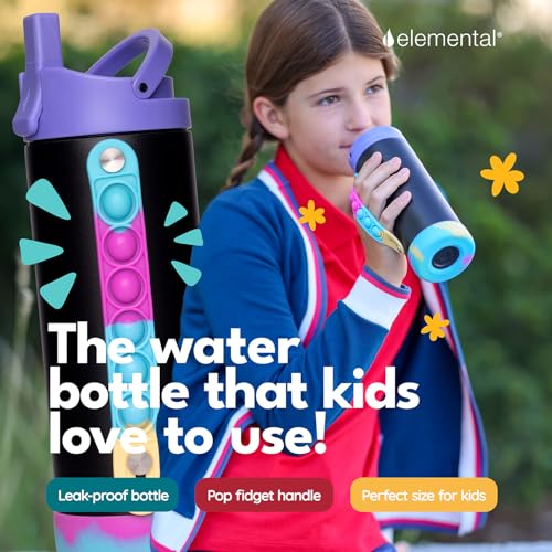 Elemental Iconic Kids Water Bottle for School - 100% Leak-Proof Insulated Water Bottles with Straw Lid & Pop-It Handle for Boys & Girls - Triple-Wall Insulated & BPA-Free, 14oz – Black Tie Dye - Image 3