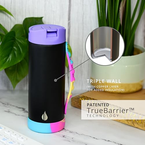 Elemental Iconic Kids Water Bottle for School - 100% Leak-Proof Insulated Water Bottles with Straw Lid & Pop-It Handle for Boys & Girls - Triple-Wall Insulated & BPA-Free, 14oz – Black Tie Dye - Image 4