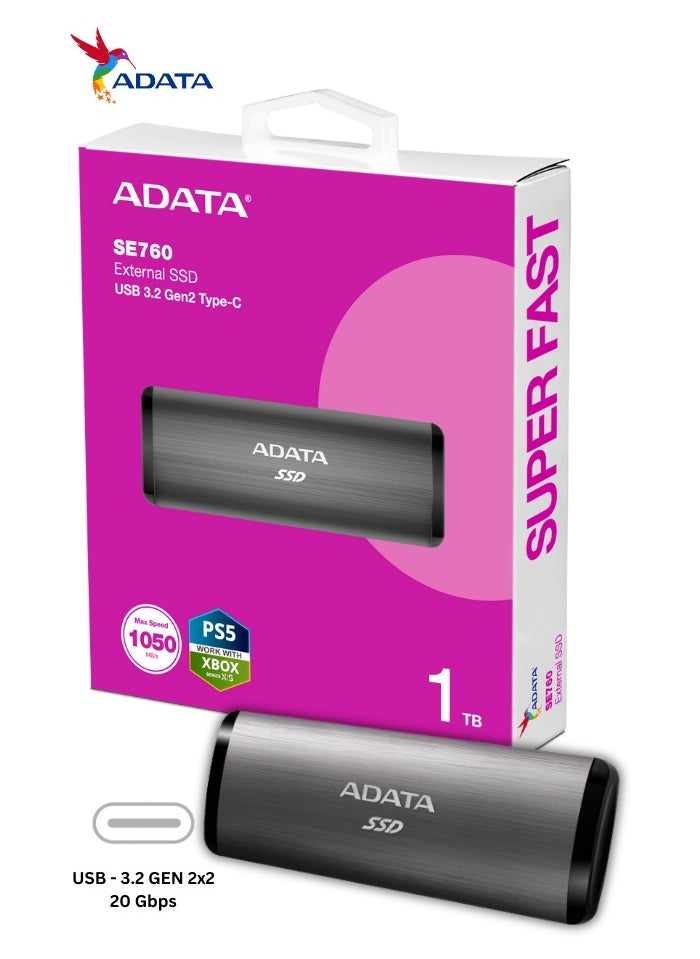 ADATA - SE760 1TB External SSD | Compatible with PS5 XBox Solid State Drive USB Type-C 3.2 Gen 2 | Silver - Image 1
