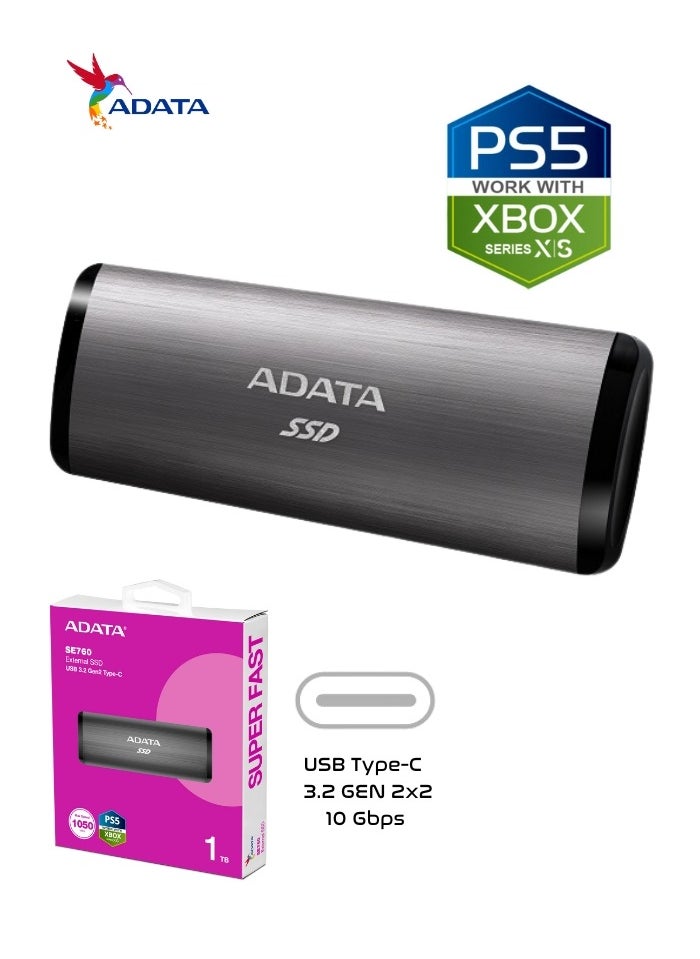 ADATA - SE760 1TB External SSD | Compatible with PS5 XBox Solid State Drive USB Type-C 3.2 Gen 2 | Silver - Image 1