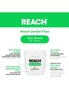 REACH REACH Waxed Dental Floss, Mint, Plaque Remover for Teeth, Shred Resistant, Floss Slides Smoothly, Easy to Use, Waxed, Deep Cleaning Teeth, Oral Care, PFAS Free, for Adults & Kids, 1 Pack, 55 yd  - Image 2