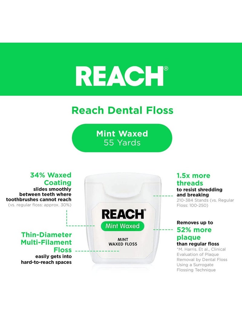 REACH REACH Waxed Dental Floss, Mint, Plaque Remover for Teeth, Shred Resistant, Floss Slides Smoothly, Easy to Use, Waxed, Deep Cleaning Teeth, Oral Care, PFAS Free, for Adults & Kids, 1 Pack, 55 yd - Image 2